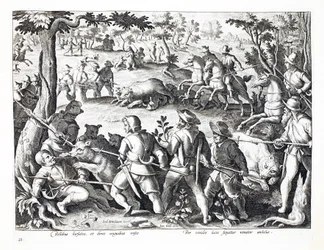 ヤンコラート（1566-1628）によって彫刻された「ヴェネツィア、フェララム、アビウム、ピシウム」（狩猟：野生の獣、鳥、魚）のイラストを描いた、犬と槍によるクマの狩猟。フィリップス・ガレウス、アムス